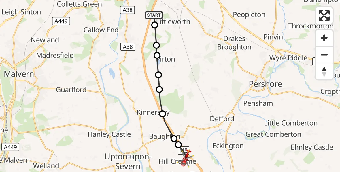 Flight path map showing Air Ambulance Helicopter route from Littleworth to Hill Croome