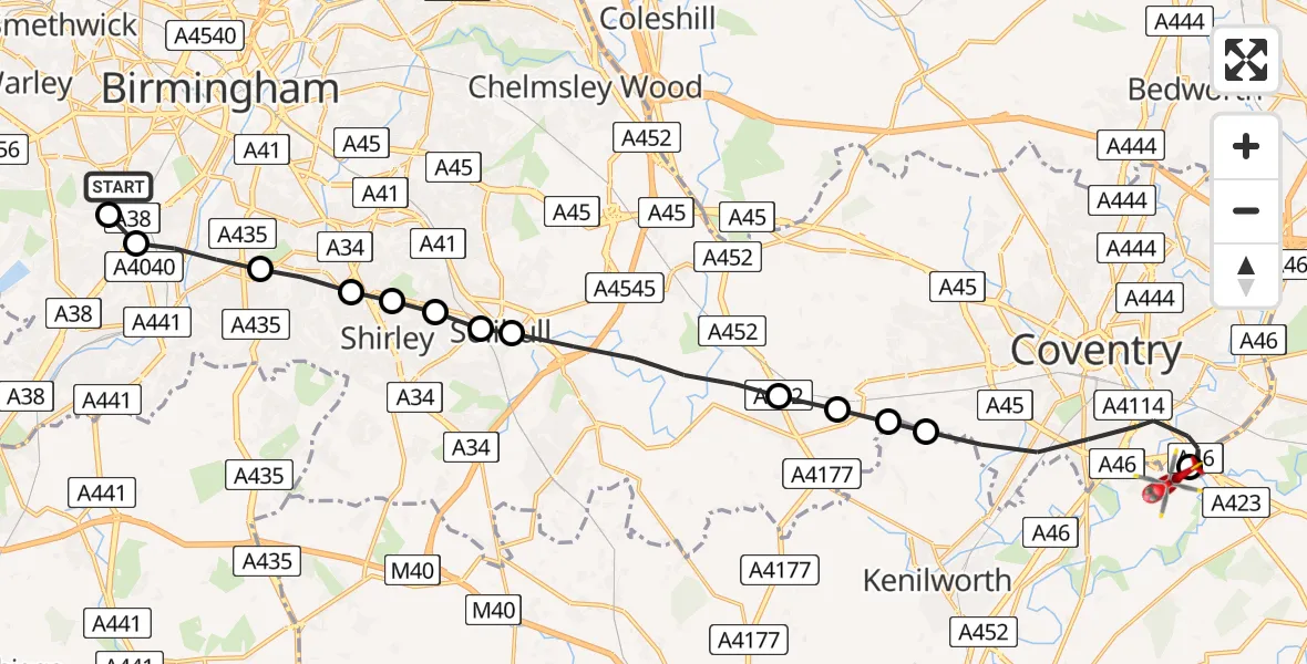 Flight path map showing Air Ambulance Helicopter route from Queen Elizabeth Hospital Helipad to Coventry Airport
