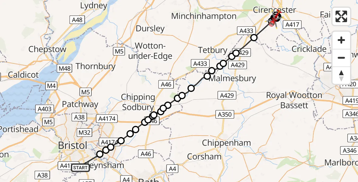 Flight path map showing Air Ambulance Helicopter route from Bristol to Chesterton