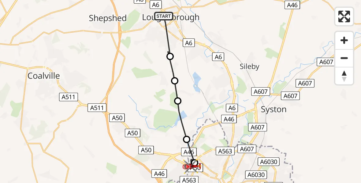 Flight path map showing Air Ambulance Helicopter route from Loughborough to Leicester