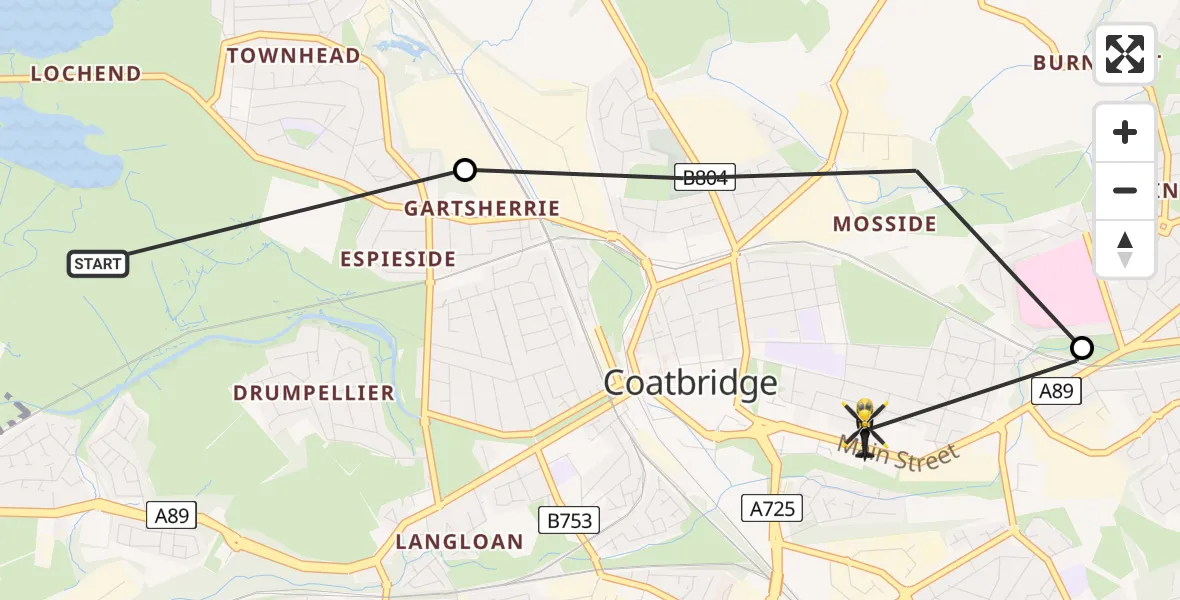 Flight path map showing Police Helicopter route from Gartcosh to Coatbridge