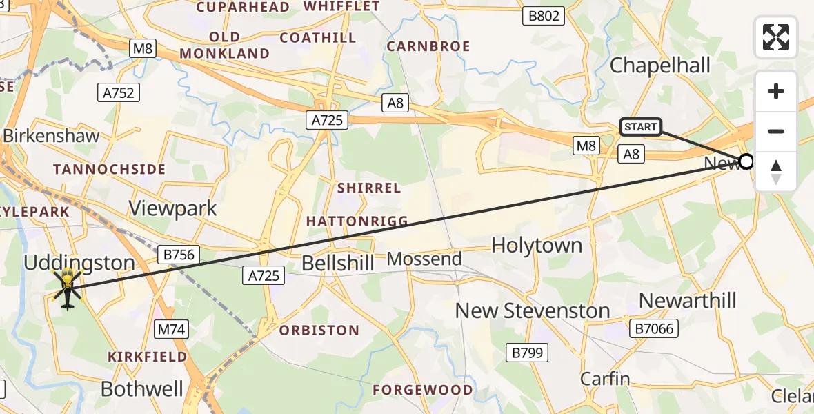 Flight path map showing Police Helicopter route from Chapelhall to Uddingston
