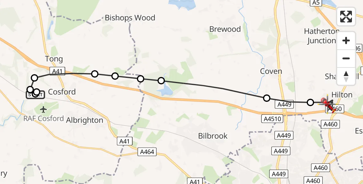 Flight path map showing Air Ambulance Helicopter route from RAF Cosford to Featherstone
