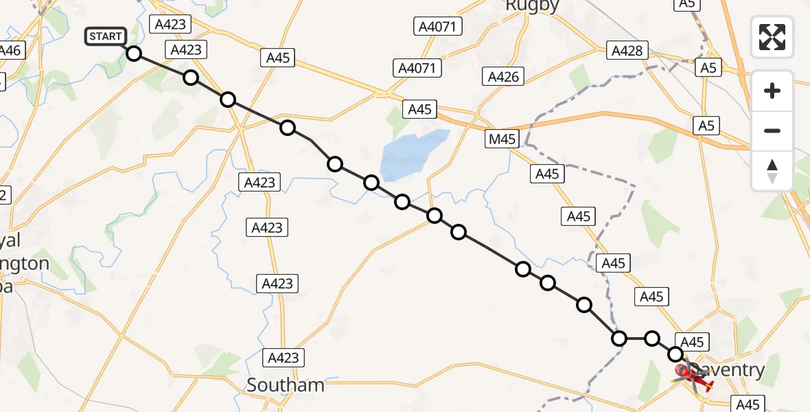Flight path map showing Air Ambulance Helicopter route from Coventry Airport to Daventry