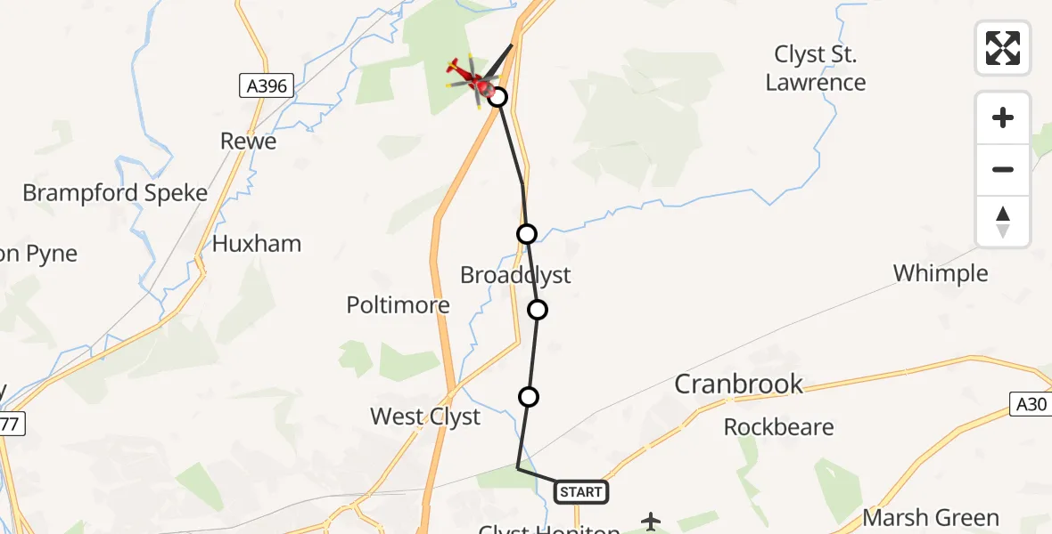 Flight path map showing Air Ambulance Helicopter route from Clyst Honiton to East Devon