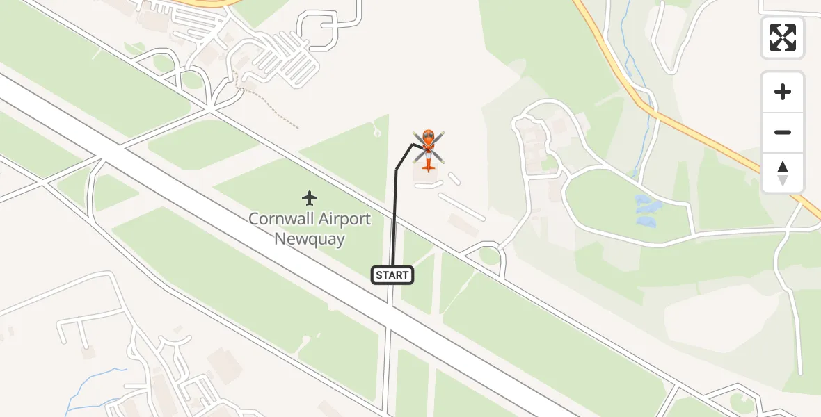 Flight path map showing Coastguard Helicopter route from Cornwall Airport Newquay to Cornwall Airport Newquay