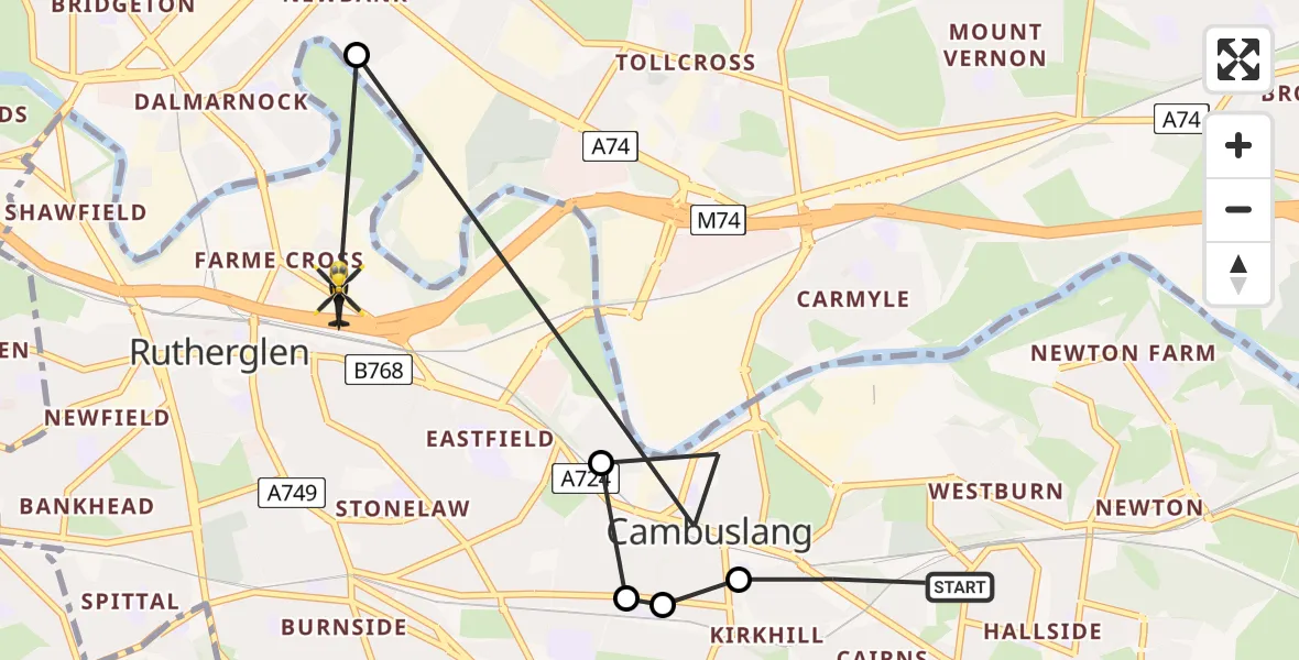 Flight path map showing Police Helicopter route from Cambuslang to Rutherglen