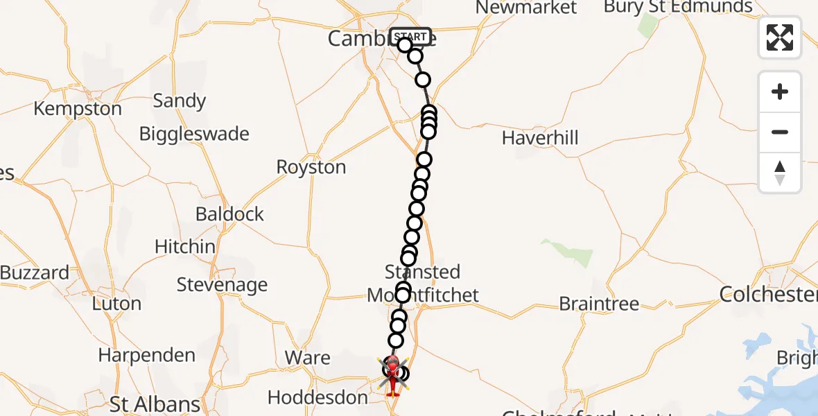 Flight path map showing Air Ambulance Helicopter route from Cambridge City Airport to Harlow