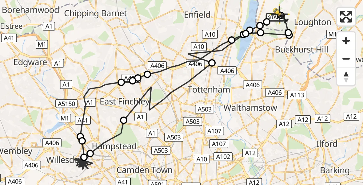 Flight path map showing Police Helicopter route from Sewardstonebury to Sewardstonebury