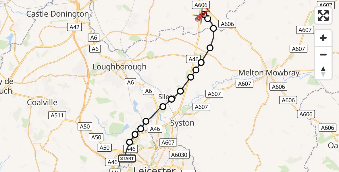 Flight path map showing Air Ambulance Helicopter route from Glenfield to Nottingham Heliport