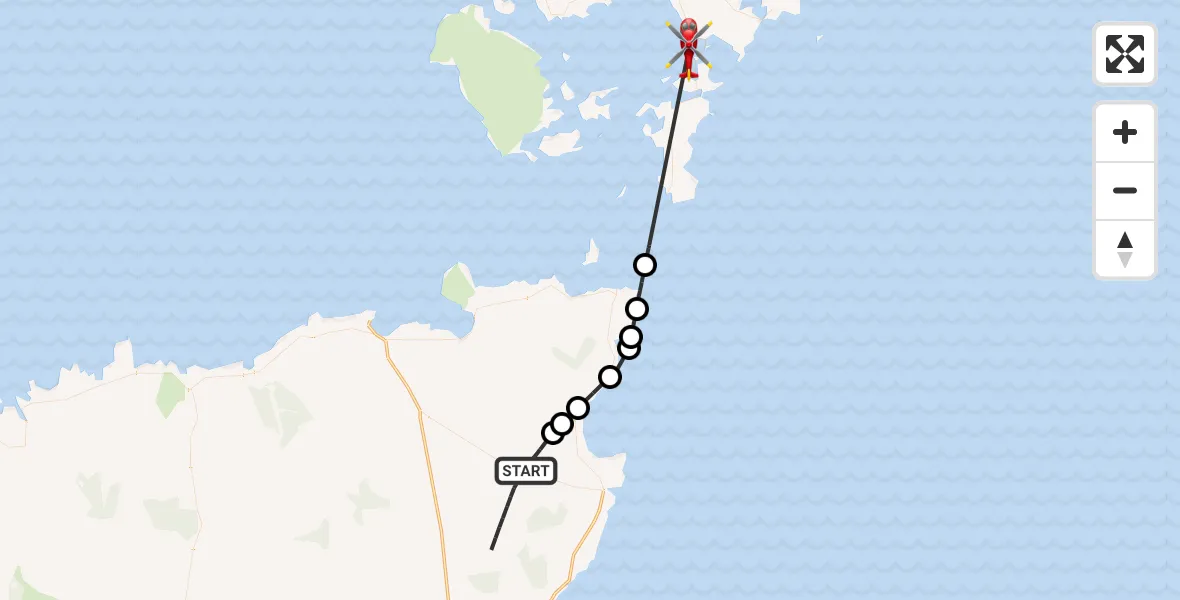 Flight path map showing Air Ambulance Helicopter route from Bilbster to North Atlantic Ocean