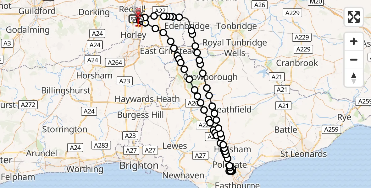 Flight path map showing Air Ambulance Helicopter route from Redhill Aerodrome to Redhill Aerodrome