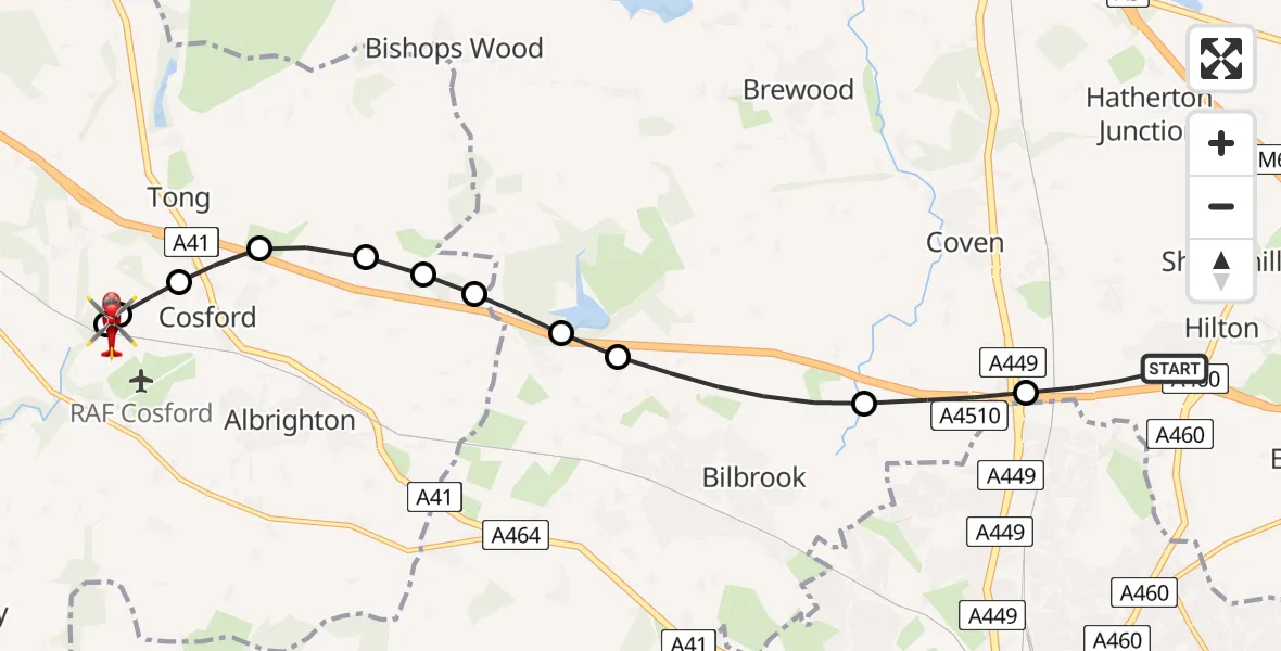 Flight path map showing Air Ambulance Helicopter route from Featherstone to Cosford