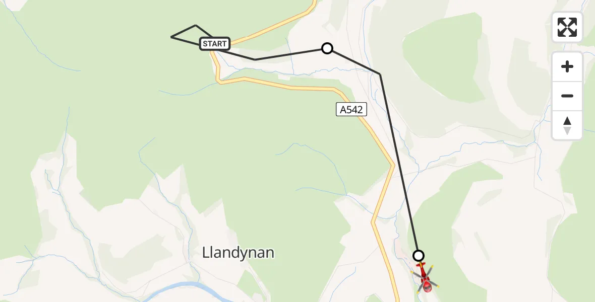 Flight path map showing Air Ambulance Helicopter route from Llandynan to Llangollen