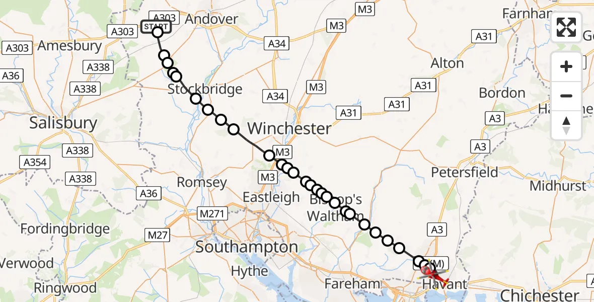 Flight path map showing Air Ambulance Helicopter route from Thruxton to Havant