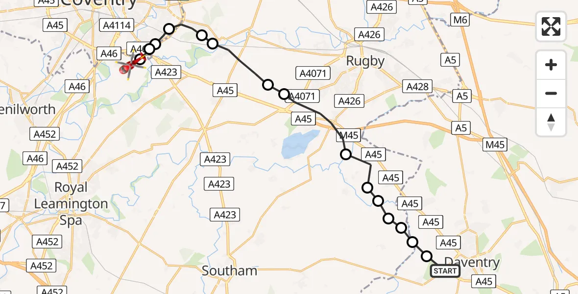 Flight path map showing Air Ambulance Helicopter route from Daventry to Coventry Airport