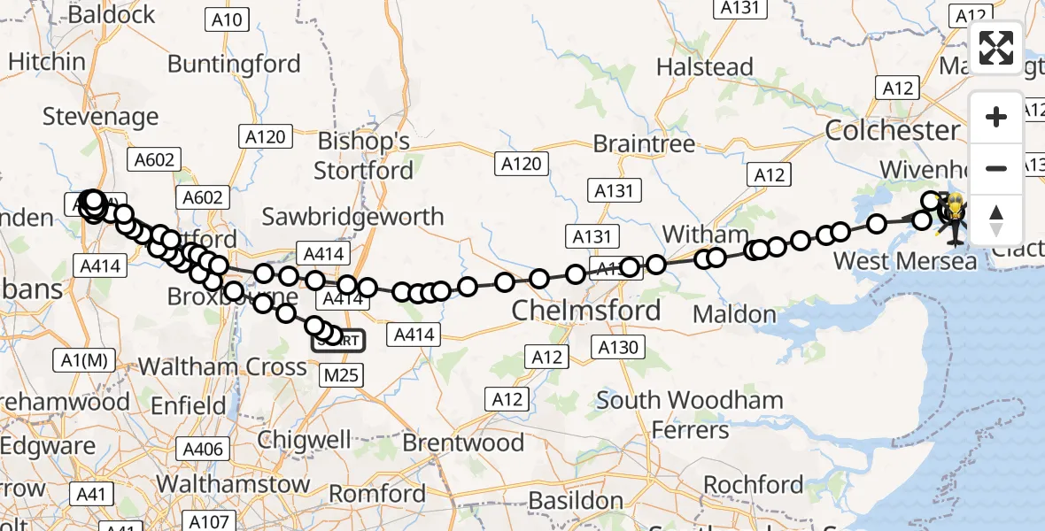 Flight path map showing Police Helicopter route from North Weald Bassett to Colchester