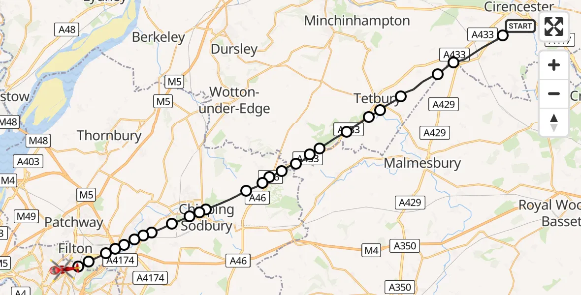 Flight path map showing Air Ambulance Helicopter route from Chesterton to Bristol