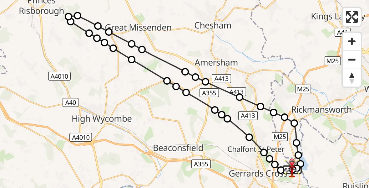 Flight path map showing Air Ambulance Helicopter route from Denham Aerodrome to Denham Aerodrome