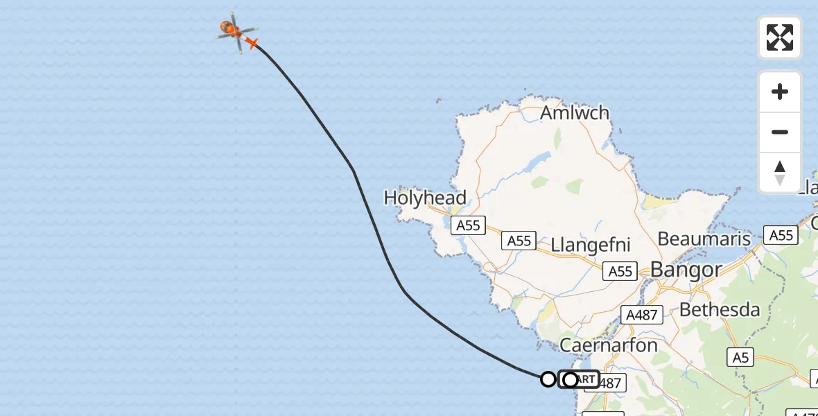 Flight path map showing Coastguard Helicopter route from Caernarfon Airport to Irish Sea