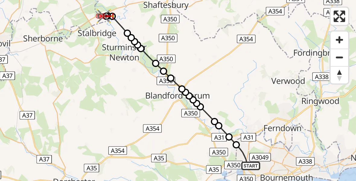 Flight path map showing Air Ambulance Helicopter route from Poole to Henstridge Airfield