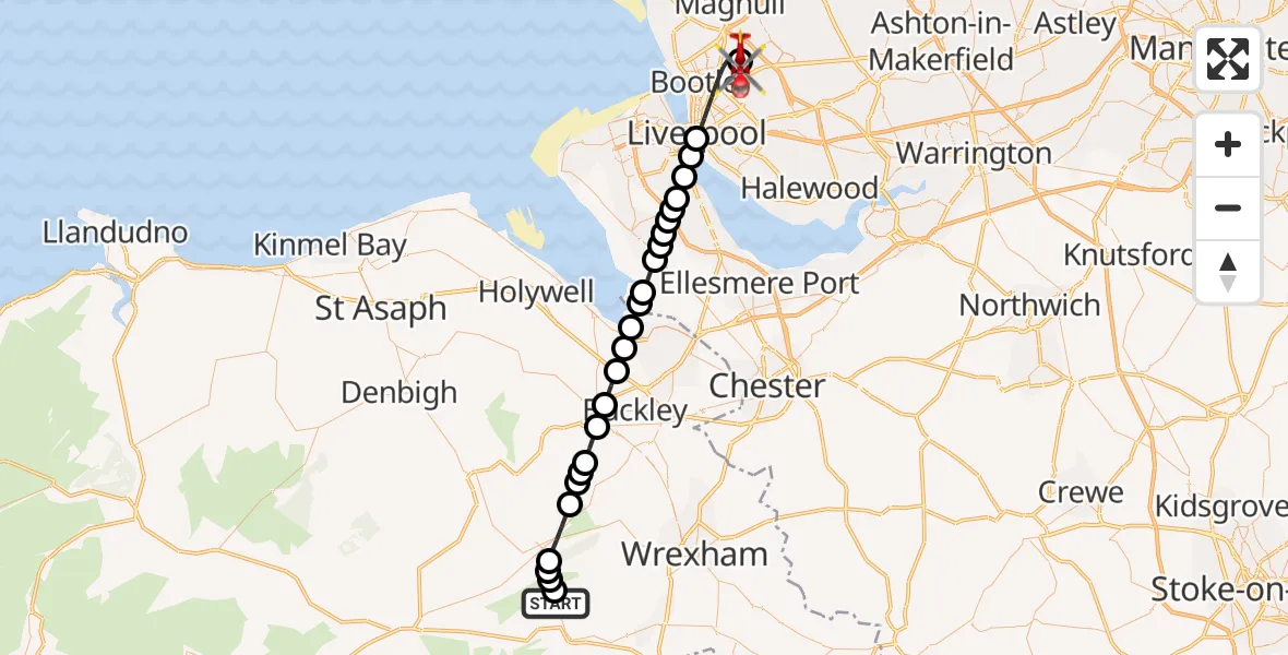 Flight path map showing Air Ambulance Helicopter route from Llandynan to Aintree University Hospital Heliport