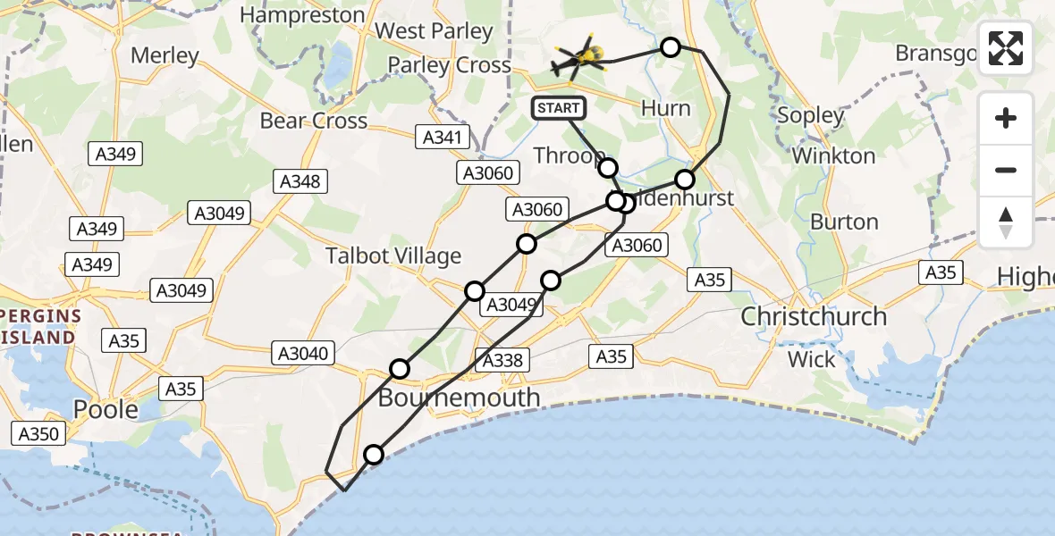 Flight path map showing Police Helicopter route from Bournemouth Airport to Bournemouth Airport