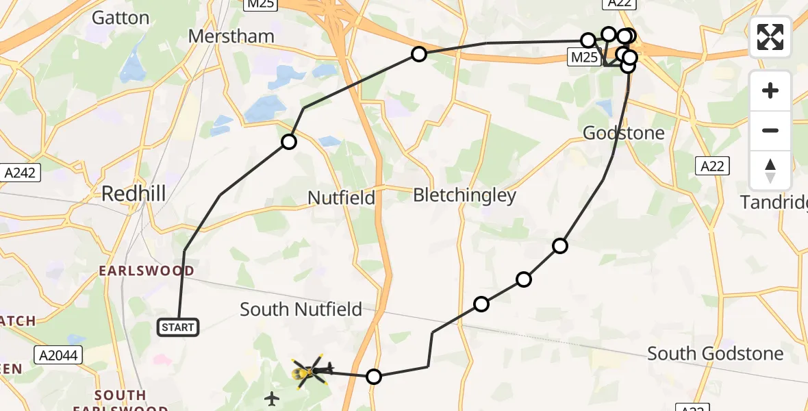 Flight path map showing Police Helicopter route from Redhill to South Nutfield