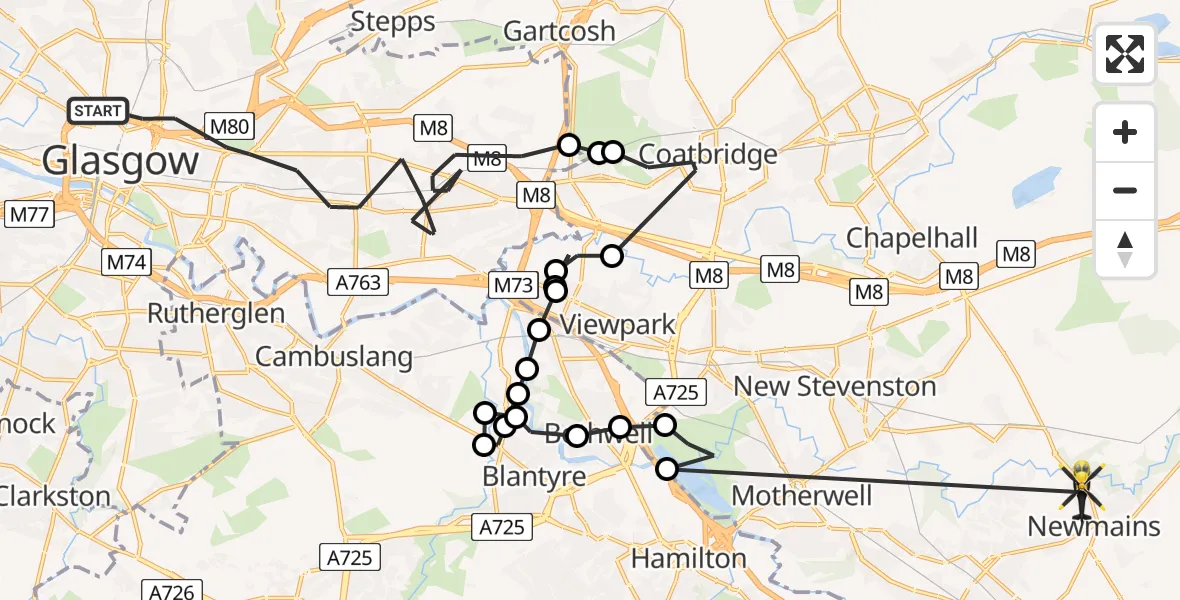 Routekaart van de vlucht: Police Helicopter to Newmains, Coll Street