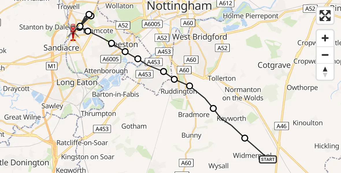 Flight path map showing Air Ambulance Helicopter route from Widmerpool to Stapleford