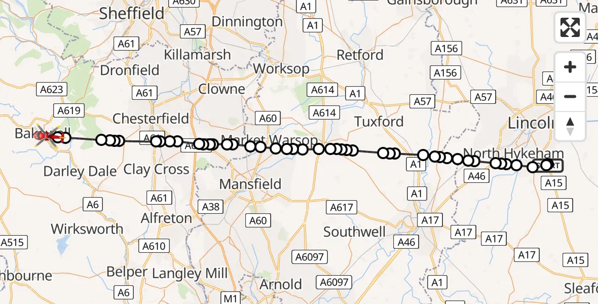 Flight path map showing Air Ambulance Helicopter route from RAF Waddington to Bakewell CP