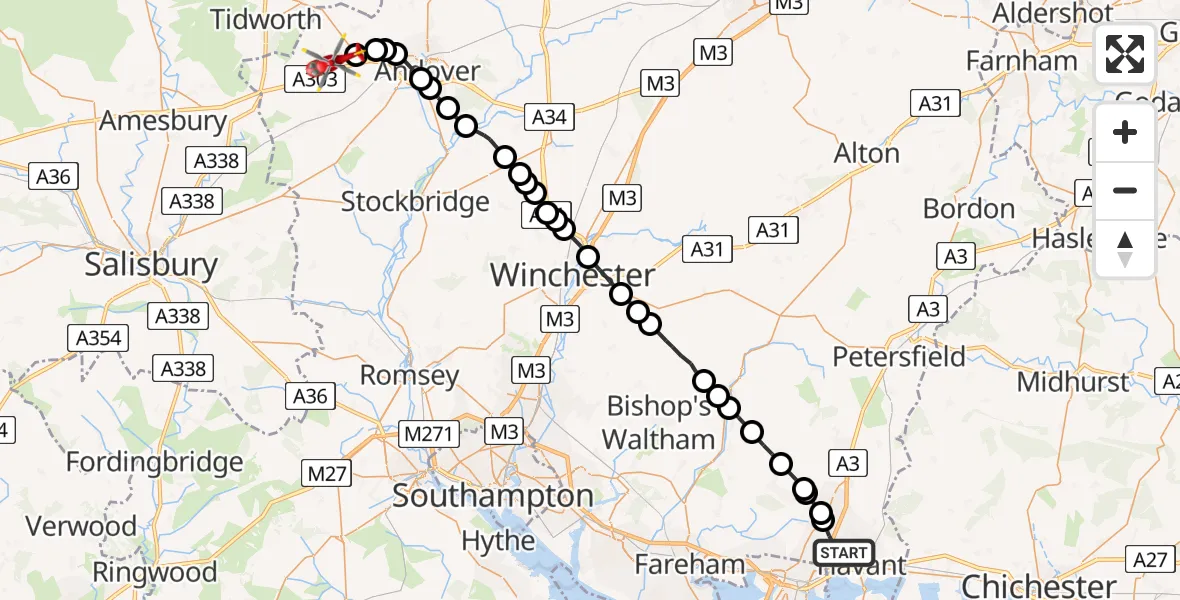 Flight path map showing Air Ambulance Helicopter route from Havant to Fyfield