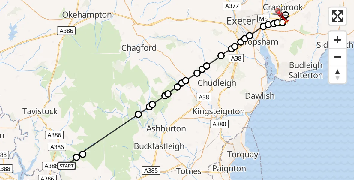 Flight path map showing Air Ambulance Helicopter route from Shaugh Prior to Exeter International Airport
