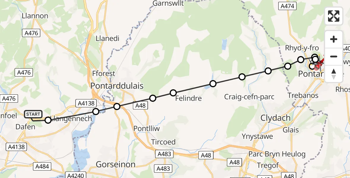 Flight path map showing Air Ambulance Helicopter route from Dafen to Ynysmeudwy