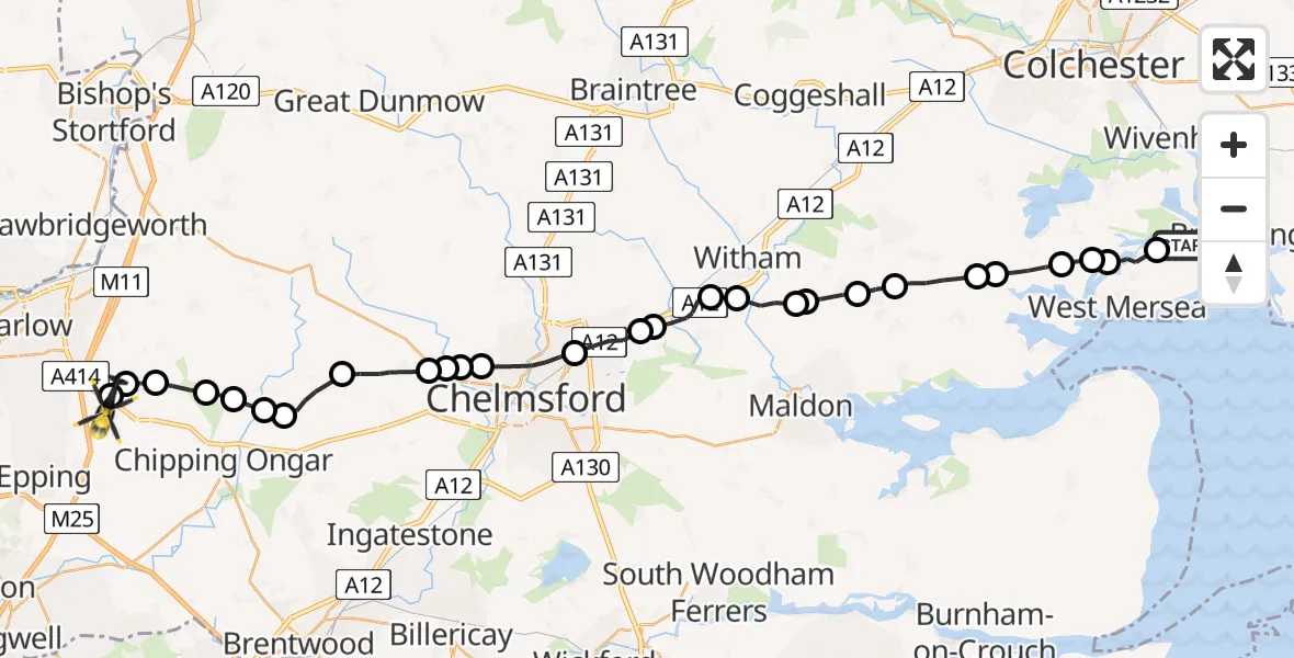 Flight path map showing Police Helicopter route from Colchester to North Weald Bassett