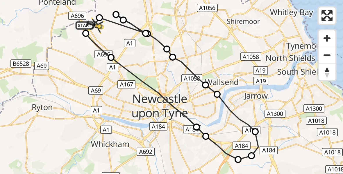 Flight path map showing Police Helicopter route from Newcastle International Airport to Newcastle International Airport