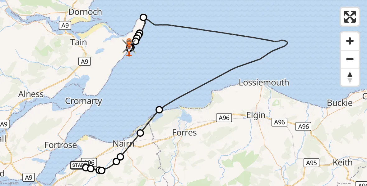 Flight path map showing Coastguard Helicopter route from Inverness Airport to Hilton of Cadboll