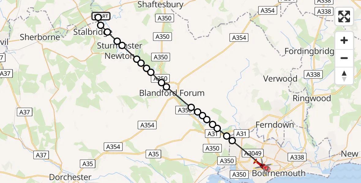 Flight path map showing Air Ambulance Helicopter route from Henstridge Airfield to Poole