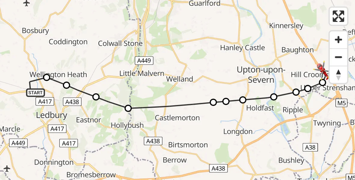 Flight path map showing Air Ambulance Helicopter route from Ledbury to Upper Strensham