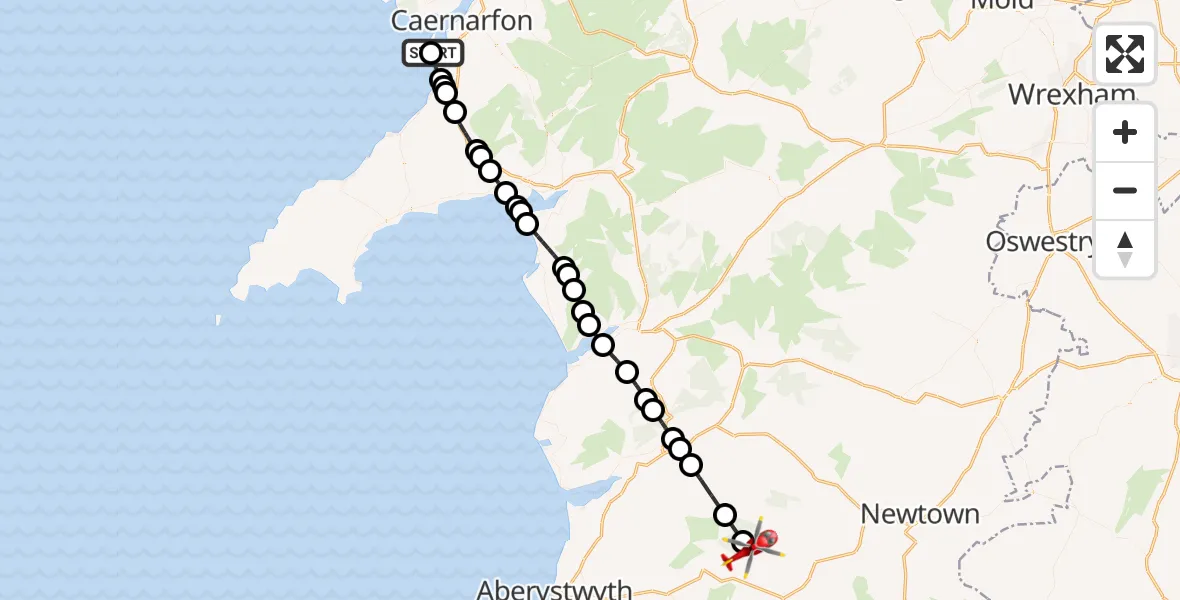 Flight path map showing Air Ambulance Helicopter route from Caernarfon Airport to Llanidloes Without