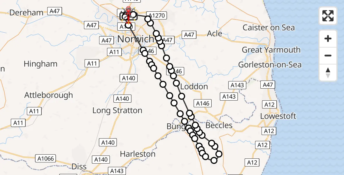 Flight path map showing Air Ambulance Helicopter route from Norwich Airport to Norwich Airport