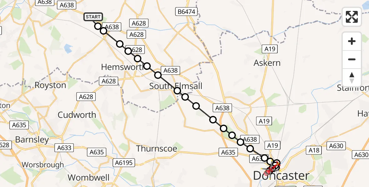 Flight path map showing Air Ambulance Helicopter route from YAA Nostell Helicopter Port to Cusworth