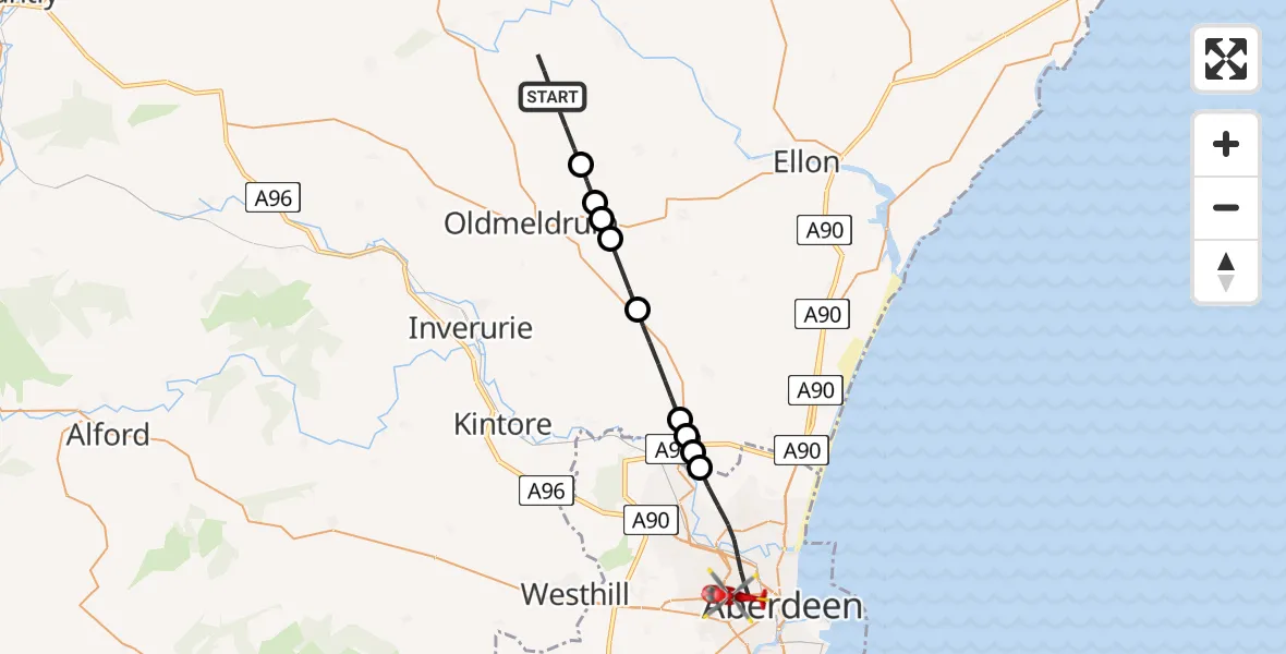Flight path map showing Air Ambulance Helicopter route from Barthol Chapel to Aberdeen City