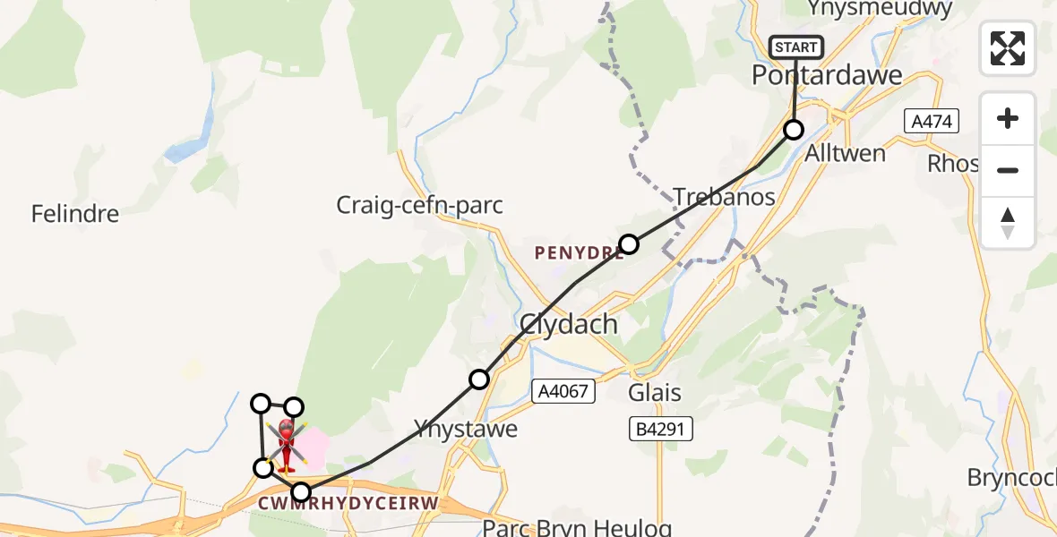Flight path map showing Air Ambulance Helicopter route from Ynysmeudwy to Morriston Hospital Helipad