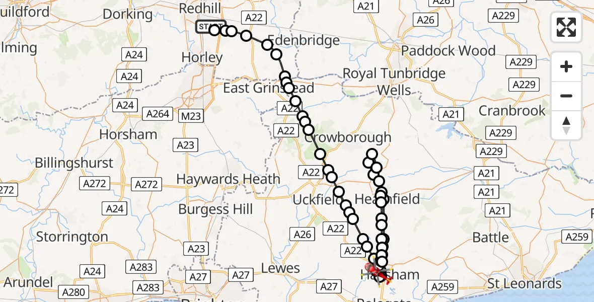 Flight path map showing Air Ambulance Helicopter route from Redhill Aerodrome to Horsebridge