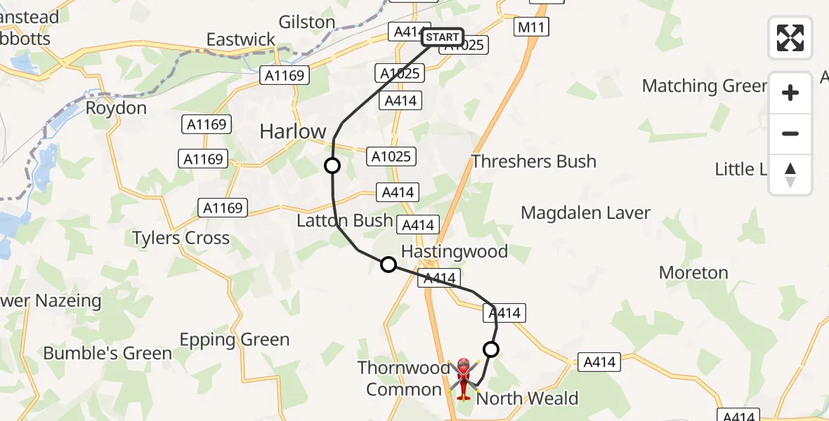 Flight path map showing Air Ambulance Helicopter route from Harlow to North Weald Airfield