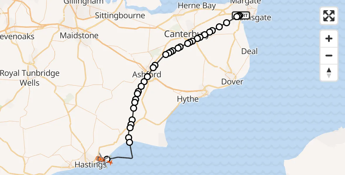 Flight path map showing Coastguard Helicopter route from Manston Airport to Fairlight