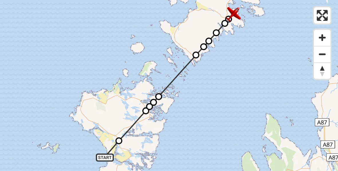 Flight path map showing Air Ambulance Aircraft route from North Atlantic Ocean to Drinisiadar