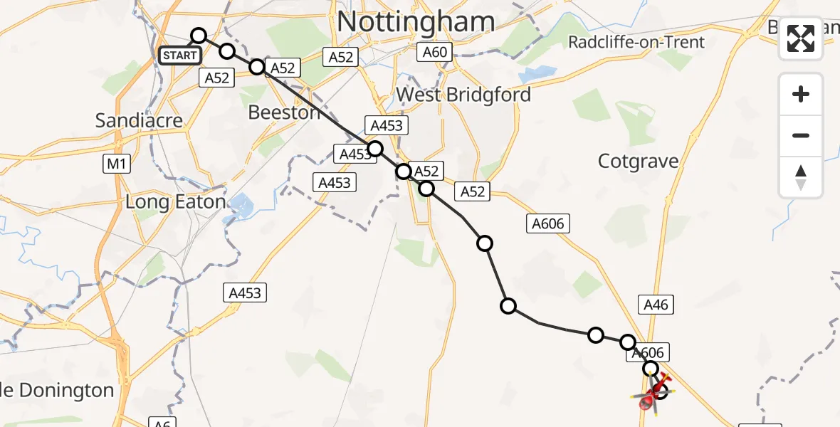 Flight path map showing Air Ambulance Helicopter route from Stapleford to Nottingham Heliport