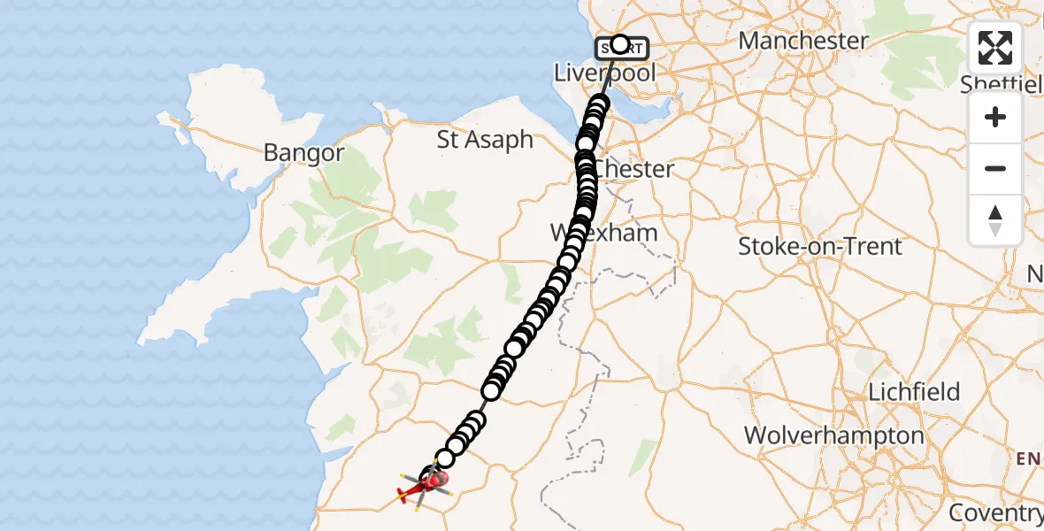 Flight path map showing Air Ambulance Helicopter route from Aintree University Hospital Heliport to Llanidloes Without